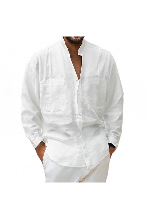 Men Shirts Casual Linen Long Sleeve Lightweight Solid Color Stand Neck Work Shirt Spring Summer Male Loose Fit Button Down Tops Comfortable Breathable Soft Daily Shirts,White,L