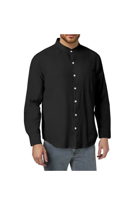 Men Shirts Casual Linen Long Sleeve Stand Neck Solid Color Button Down Shirt With Pockets Spring Autumn Male Fashion Classic Fit Tops Comfortable Breathable Soft Daily Shirts,Black,XL