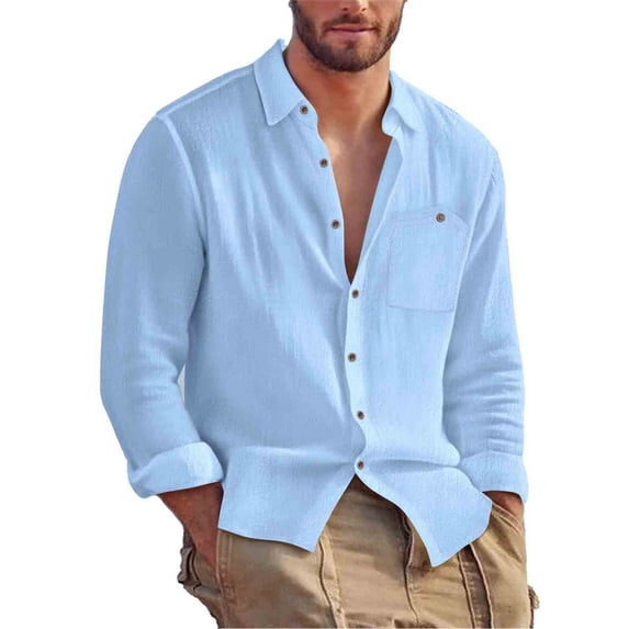 LIIPEE Men Shirts Casual Long Sleeve Lapel Solid Color Linen Cardigan Shirt Male Loose Fit Fashion Buttons Tops Comfortable Breathable Soft Daily Shirts,Sky Blue,S