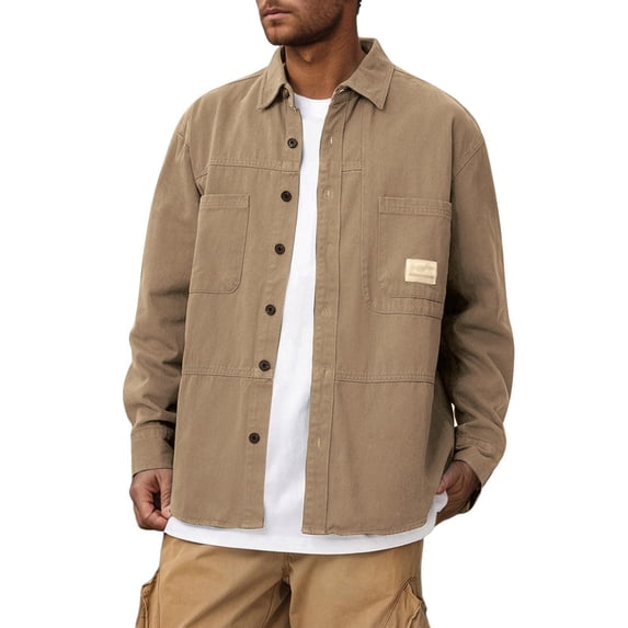 LIIPEE Men Shirts Casual Loose Fit Solid Color Long Sleeve Lapel Work Shirt With Pockets Male Spring Autumn Fashion Buttons Tops Comfortable Breathable Soft Daily Shirts,Khaki,XXL
