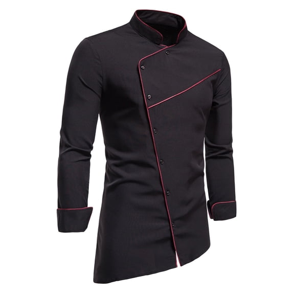 LIIPEE Men Shirts Casual Retro Stand Neck Solid Color Long Sleeve Buttons Shirt Male Asymmetrical Hem Regular Fit Fashion Tops Comfortable Breathable Soft Daily Shirts,Black,L