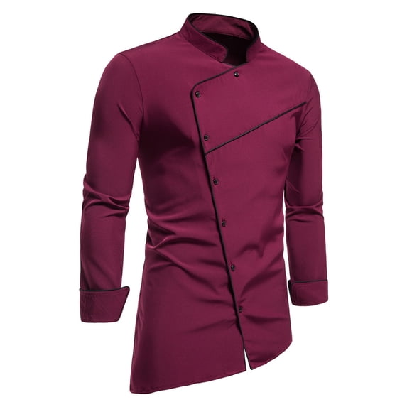 LIIPEE Men Shirts Casual Retro Stand Neck Solid Color Long Sleeve Buttons Shirt Male Asymmetrical Hem Regular Fit Fashion Tops Comfortable Breathable Soft Daily Shirts,Red,M