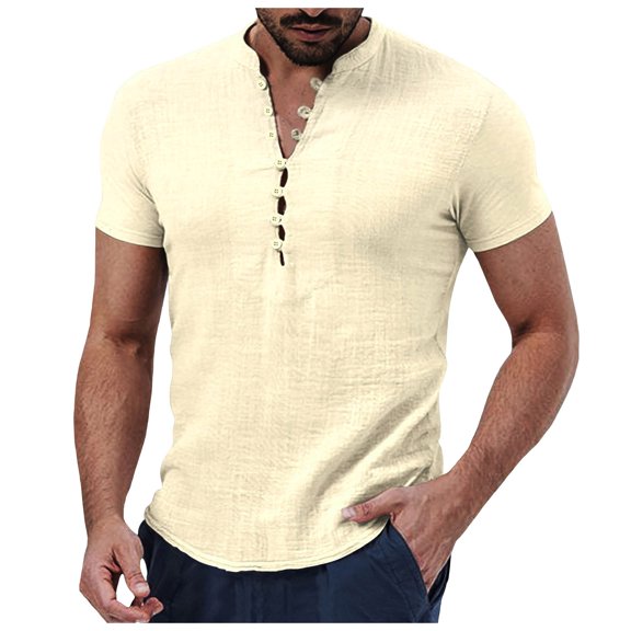LIIPEE Men Shirts Casual Short Sleeve Solid Color Stand Neck Buttons Shirts Male Fashion Regular Fit Tops Summer Holiday Comfortable Breathable Soft Daily Shirts,Beige,L