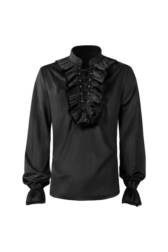 Men Shirts Casual Solid Color Gentleman Gothic Ruffled Collar Long Sleeve Shirt Male Regular Fit Fashion Tops Comfortable Breathable Soft Daily Shirts,Black,XL