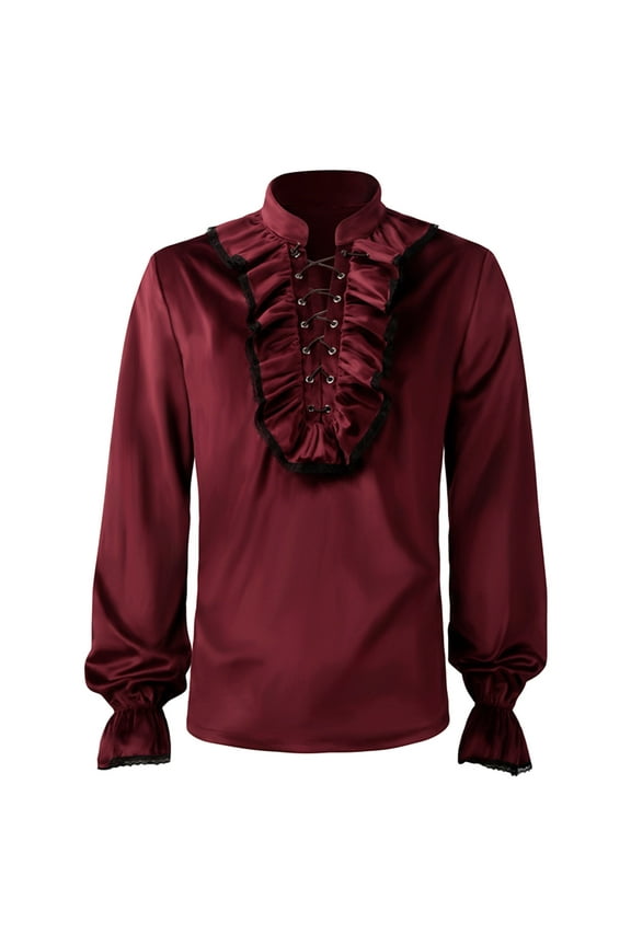 Men Shirts Casual Solid Color Gentleman Gothic Ruffled Collar Long Sleeve Shirt Male Regular Fit Fashion Tops Comfortable Breathable Soft Daily Shirts,Red,L