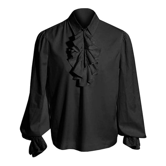LIIPEE Men Shirts Casual Solid Color Gothic Vintage Lapel Puff Long Sleeve Ruffle Shirt Male Classic Fit Fashion Tops Comfortable Breathable Soft Daily Shirts,Black,L
