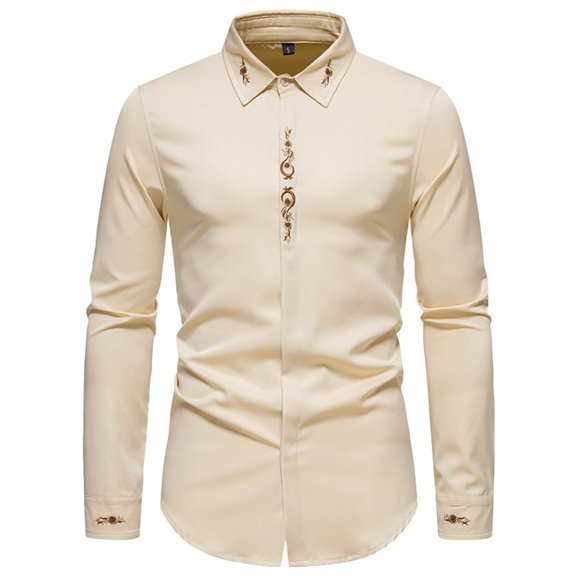 LIIPEE Men Shirts Casual Solid Color Lapel Long Sleeve Buttons Beach Shirt Male Leaf Embroidery Regular Fit Fashion Tops Vacation Outdoor Holiday Comfortable Breathable Soft Daily Shirts,Beige,XXL