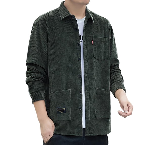 LIIPEE Men Shirts Casual Solid Color Long Sleeve Lapel Button Down Corduroy Shirt With Pockets Male Classic Fit Fashion Texture Cargo Tops Comfortable Breathable Soft Daily Shirts,Army Green,L