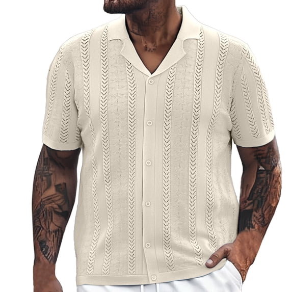 LIIPEE Men Shirts Casual Solid Color Loose Fit Lapel Short Sleeve Button Up Shirt Male Fashion Hollow Out Knitted Business Tops Comfortable Breathable Soft Daily Shirts,Beige,M