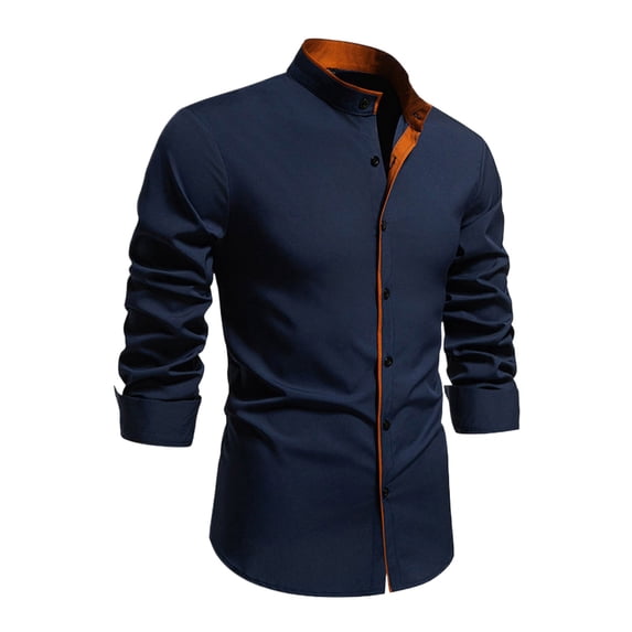 LIIPEE Men Shirts Casual Solid Color Regular Fit Long Sleeve Stand Neck Shirt Male Fashion Button Down Tops Comfortable Breathable Soft Daily Shirts,Navy,L