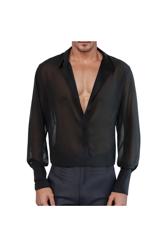 Men Shirts Casual Solid Color Sexy Long Sleeve Lapel Button Up Shirt Male Loose Fit Fashion Lightweight Sheer Tops Comfortable Breathable Soft Performance Shirts,Black,M