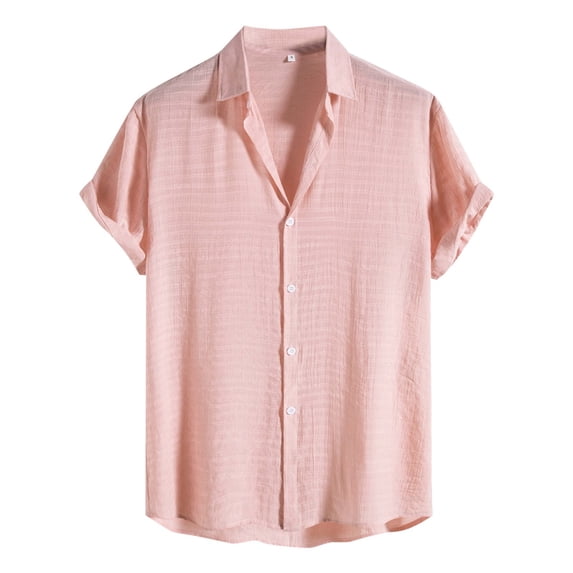 LIIPEE Men Shirts Casual Solid Color Short Sleeve Lapel Button Down Shirt Male Fashion Texture Loose Fit Tops Comfortable Breathable Soft Daily Shirts,Pink,L