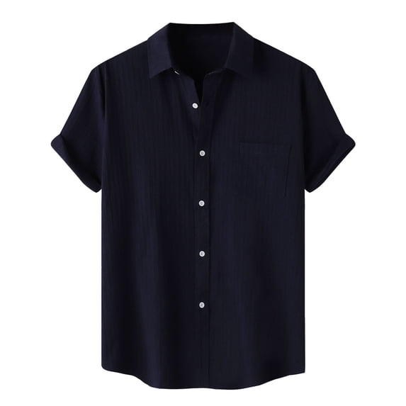 LIIPEE Men Shirts Casual Solid Color Short Sleeve Lapel Button Down Shirt With Pockets Male Fashion Texture Regular Fit Tops Comfortable Breathable Soft Daily Shirts,Navy,L