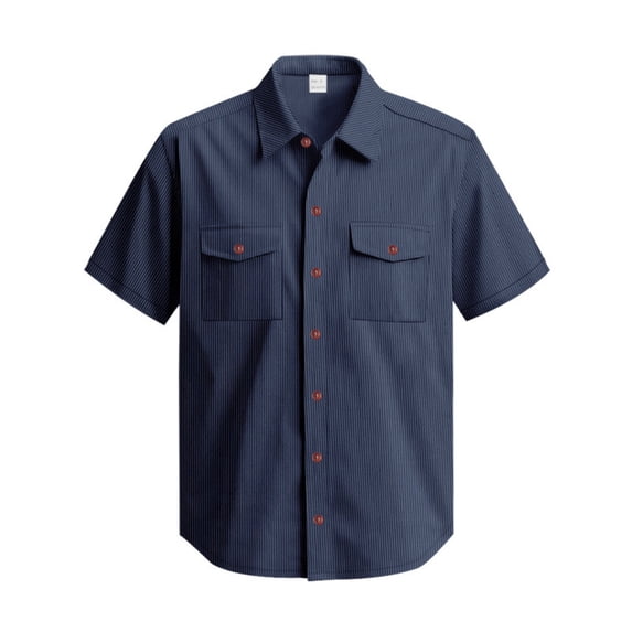 LIIPEE Men Shirts Casual Solid Color Short Sleeve Lapel Texture Corduroy Shirt With Pockets Male Button Down Fashion Work Tops Outdoor Comfortable Breathable Soft Daily Shirts,Navy,XXL