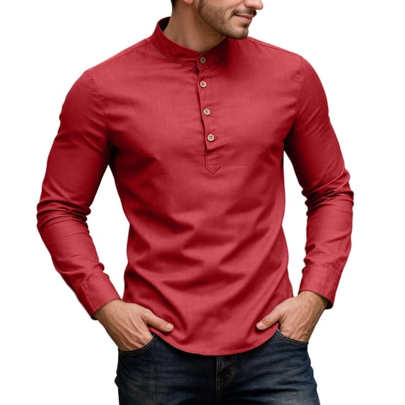 LIIPEE Men Shirts Casual Solid Color Stand Neck Slim Fit Long Sleeve Dress Shirt Male Fashion Buttons Business Tops Comfortable Breathable Soft Daily Shirts,Red,S