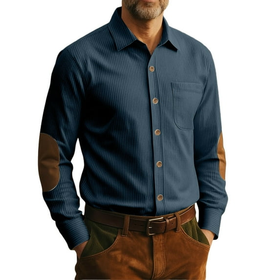 LIIPEE Men Shirts Casual Splicing Color Long Sleeve Lapel Button Down Corduroy Shirt Male Loose Fit Fashion Texture Tops Outdoor Comfortable Breathable Soft Daily Shirts,Navy,XXXL