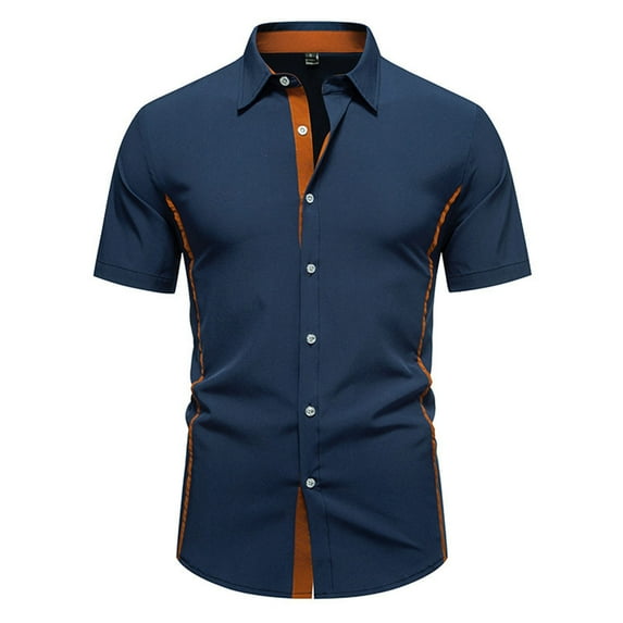 LIIPEE Men Shirts Casual Splicing Color Short Sleeve Lapel Button Down Shirt Spring Summer Male Slim Fit Fashion Tops Comfortable Breathable Soft Daily Shirts,Navy,XL