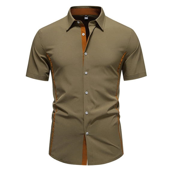 LIIPEE Men Shirts Casual Splicing Color Short Sleeve Lapel Button Down Shirt Spring Summer Male Slim Fit Fashion Tops Comfortable Breathable Soft Daily Shirts,Army Green,L