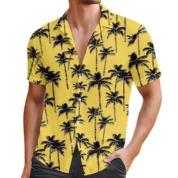 LIIPEE Men Shirts Casual Summer Lapel Button Down Graphic Printed Short Sleeve Beach Shirt Male Fashion Loose Fit Sports Tops Comfortable Breathable Soft Daily Shirts,Yellow,L