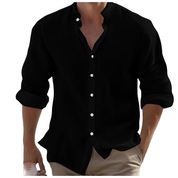 LIIPEE Men Shirts Casual Summer Linen Button Up Long Sleeve Solid Color Lapel Beach Shirt Male Loose Fit Fashion Tops Comfortable Breathable Soft Daily Shirts,Black,XL