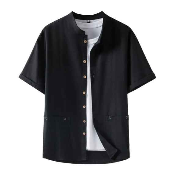LIIPEE Men Shirts Casual Summer Linen Solid Color Stand Neck Short Sleeve Retro Shirt Male Loose Fit Fashion Buttons Tops Comfortable Breathable Soft Daily Shirts,Black,L