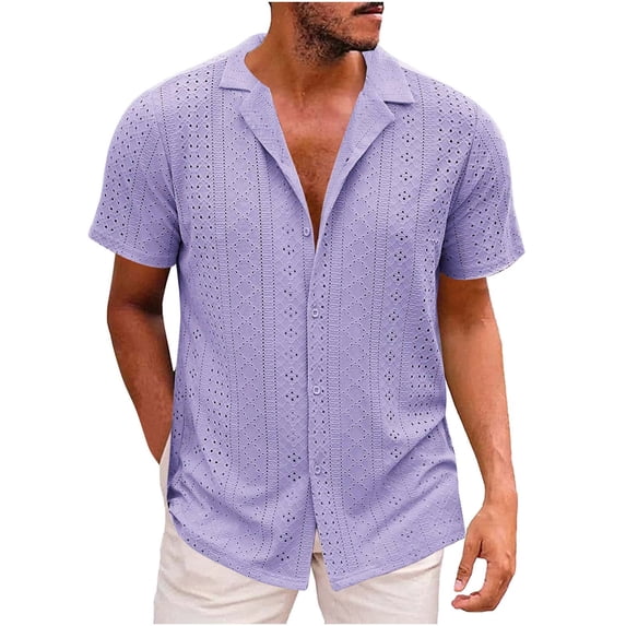 LIIPEE Men Shirts Casual Summer Short Sleeve Solid Color Lapel Button Down Shirt Male Fashion Hollow Out Loose Fit Tops Comfortable Breathable Soft Daily Shirts,Purple,L