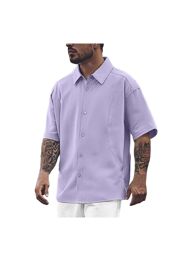 Men Shirts Casual Summer Short Sleeve Solid Color Lapel Regular Fit Shirts Male Fashion Button Up Versatile Tops Comfortable Breathable Soft Daily Shirts,Purple,M