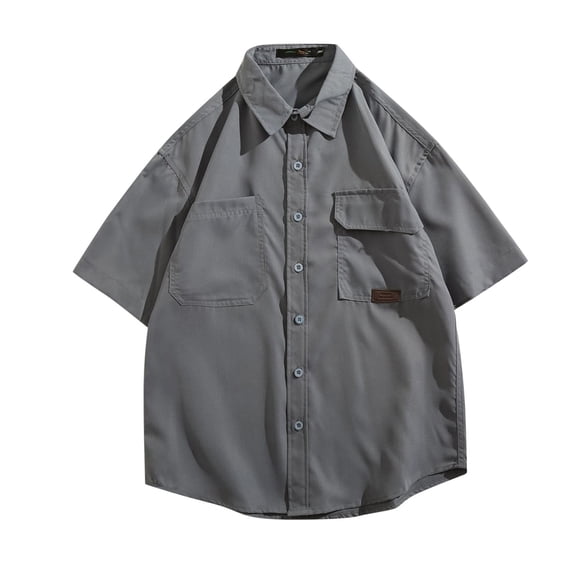 LIIPEE Men Shirts Casual Vintage Solid Color Lapel Short Sleeve Cargo Shirt With Pockets Summer Outdoor Male Fashion Button Up Loose Fit Tops Comfortable Breathable Soft Daily Shirts,Grey,M