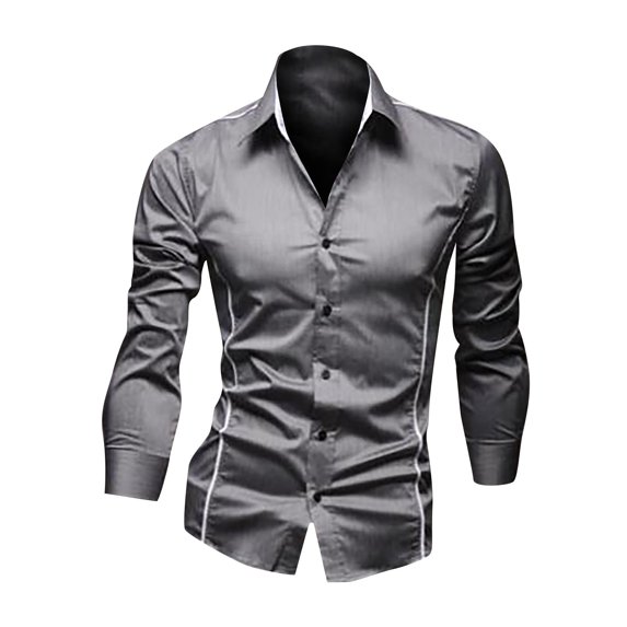 LIIPEE Men Shirts Fashion Casual Solid Color Lapel Long Sleeve Slim Fit Shirt Male Buttons Comfortable Breathable Soft Daily Shirts,Grey,L
