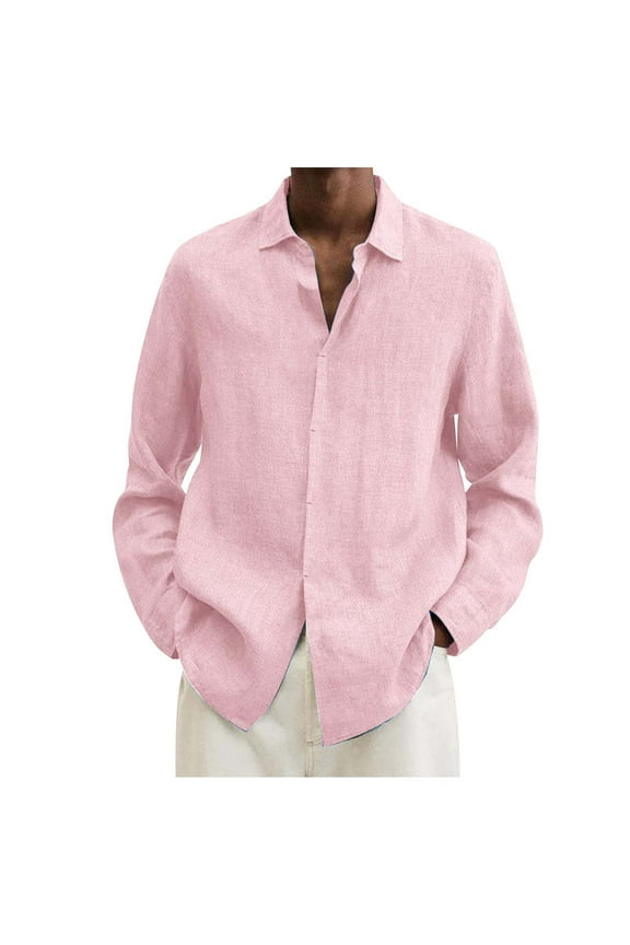 Men Shirts Summer Casual Cotton Linen Solid Color Lapel Long Sleeve Shirt Male Loose Fit Button Down Fashion Tops Comfortable Breathable Soft Daily Shirts,Red,XXL