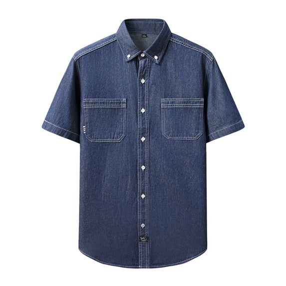 LIIPEE Men Shirts Summer Casual Lapel Solid Color Short Sleeve Denim Shirt With Pockets Male Fashion Button Down Tops Comfortable Breathable Soft Daily Shirts,Dark Blue,L