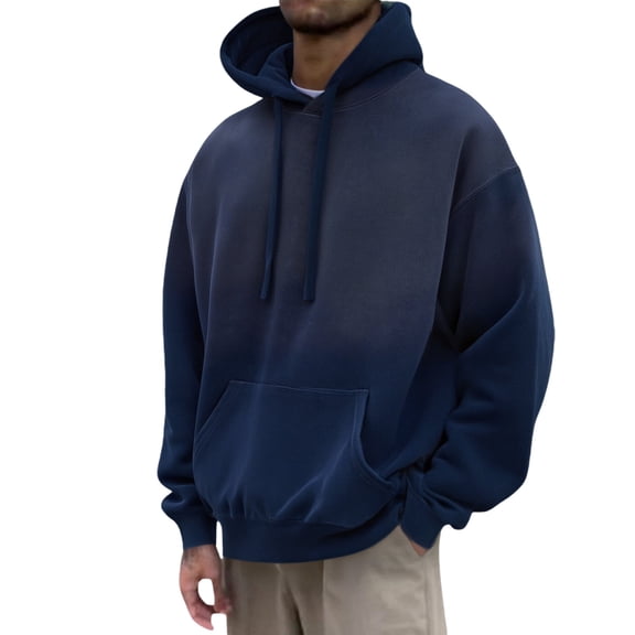 LIIPEE Men Sweatshirts Fall Winter Warm Gradient Color Long Sleeve Hooded Pullover Tops With Pocket Man Elegant Birthday Wedding Weekend Sweatshirt,Navy,M