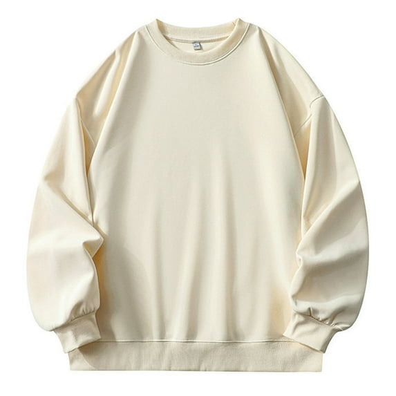 LIIPEE Men Sweatshirts Solid Color Long Sleeve Round Neck Pullover Hoodless Sweatshirt Male Versatile Work Sweatshirts,Beige,L