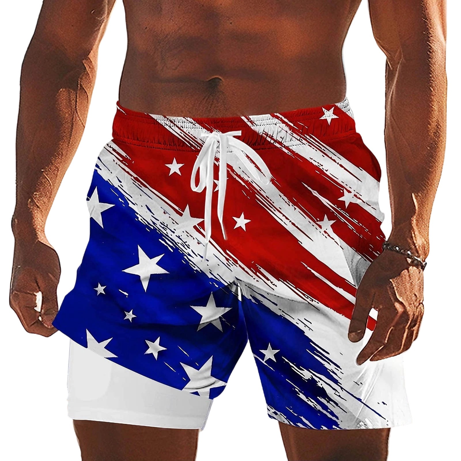 LIIPEE Men Swim Trunks Independence Day Drawstring Elastic Waist Liner Double-Layer With Pocket Quickly Drying Board Shorts Stars Stripes Graphic Patriotic Bathing Suit For 4Th Of July,Multicolour