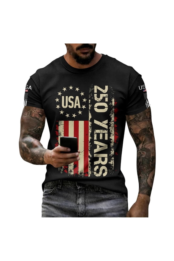 Men T-Shirts Casual Independence Day 250 Years U.S.A. Graphic Short Sleeve Crew Neck T Shirt Male Patriotic Classic Fit Knitted Tee Tops Comfortable Breathable Soft Tops,Black,XXXL