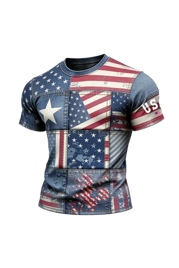 Men T-Shirts Casual Independence Day Alternating Red And White And Five-Pointed Stars U.S. Graphic Short Sleeve Crew Neck T Shirt Male Classic Fit Patriotic Tee Tops,Blue,L