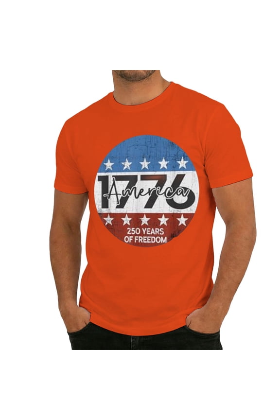 Men T-Shirts Casual Independence Day National Flag Colors 250 Years Of Freedom Stars Letter Graphic Short Sleeve Crew Neck T Shirt Male Classic Fit Patriotic Tee Tops,Orange,XXL