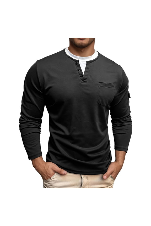 Men T Shirts Casual Solid Color Long Sleeve Split Neck T Shirt Male Fashion Layered Thermal Undershirt Stretch Fit Basic Tees Comfortable Soft Breathable Daily Clothes,Black,XXXL