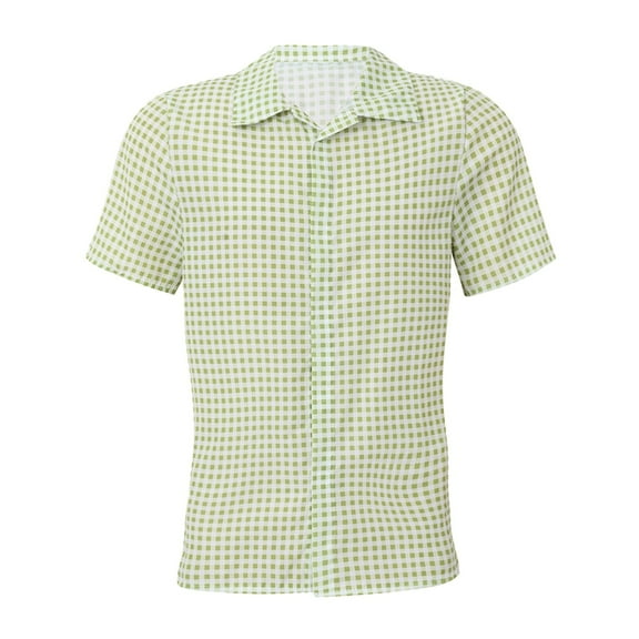 LIIPEE Men Tshirts Casual Short Sleeve Turndown Collar Button Plaid Shirt With Pockets Man Casual Indoor Outdoor Wear Tee Shirt,Light Green,Xxl