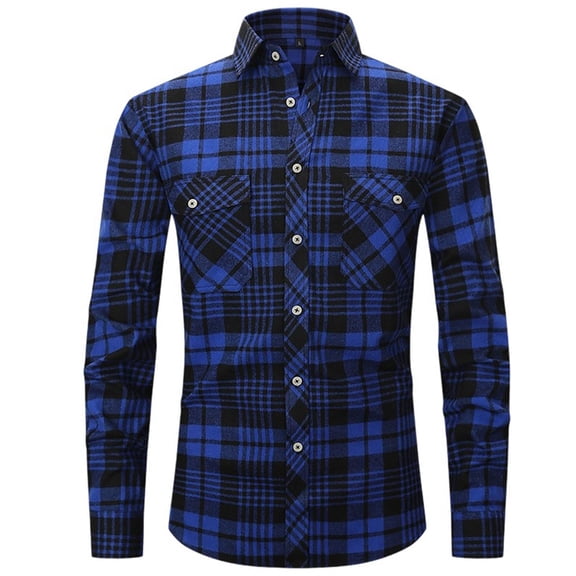 LIIPEE Men Tshirts Casual Slim Fit Long Sleeve Turndown Collar Button Plaid Shirt With Pockets Man Trendy Holiday Party Vacation Tee Shirt,Dark Blue,M