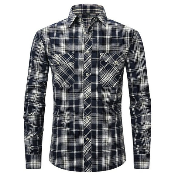 LIIPEE Men Tshirts Casual Slim Fit Long Sleeve Turndown Collar Button Plaid Shirt With Pockets Man Classic Indoor Outdoor Wear Tee Shirt,Grey,S