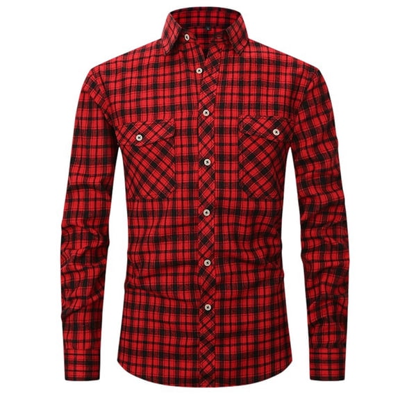 LIIPEE Men Tshirts Casual Slim Fit Long Sleeve Turndown Collar Button Plaid Shirt With Pockets Man Stylish Holiday Party Vacation Tee Shirt,Red,M