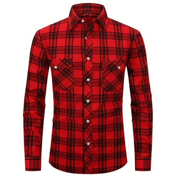 LIIPEE Men Tshirts Casual Slim Fit Long Sleeve Turndown Collar Button Plaid Shirt With Pockets Man Versatile Holiday Party Vacation Tee Shirt,Red,M
