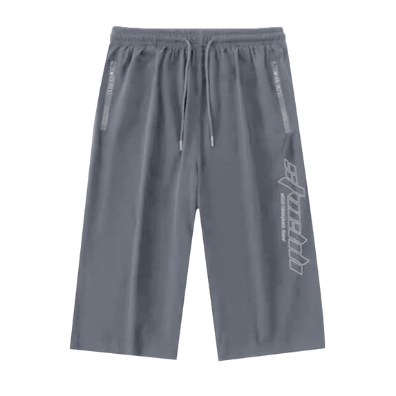 LIIPEE Mens Athletic Pants Summer Letter Print Drawstring Waist Loose Fit Cropped Pants With Pockets Male Comfortable Everyday Trousers,L