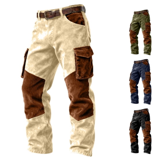 LIIPEE Mens Cargo Pants Casual Color Block Rigid Waist Loose Straight Leg Trousers With Pockets Male Autumn Winter Everyday Trousers,M