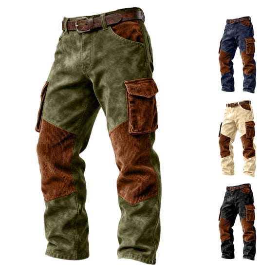 LIIPEE Mens Cargo Pants Casual Color Block Rigid Waist Loose Straight Leg Trousers With Pockets Male Autumn Winter Everyday Trousers,S