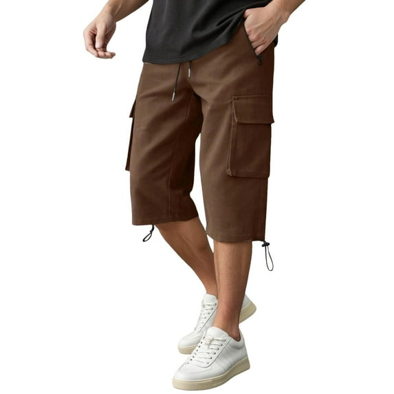 LIIPEE Mens Cargo Pants Spring Summer Comfort Versatile Solid Color Elastic Waist Drawstring Calf-Length Pants With Pockets Man Trendy Daily Indoor Outdoor Pants,Coffee,Xxl