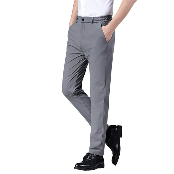 LIIPEE Mens Casual Pants Spring Summer Comfort Solid Color Elastic Waist Straight Pants With Pockets Male Stylish Daily Indoor Outdoor Pants,Grey,36