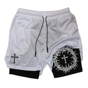LIIPEE Mens Casual Shorts Summer Breathable 3D Printed Stretch Elastic Waist Drawstring Double Layer Fitness Shorts Male Trendy Basketball Golf Gym Shorts,White,L