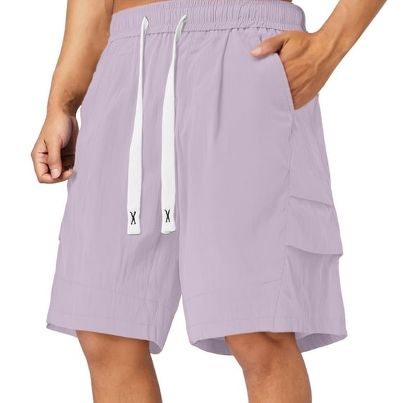 LIIPEE Mens Casual Shorts Summer Comfort Stylish Solid Color Stretch Elastic Waist Drawstring Shorts With Pockets Male Soft Basketball Golf Gym Shorts,Light Purple,L